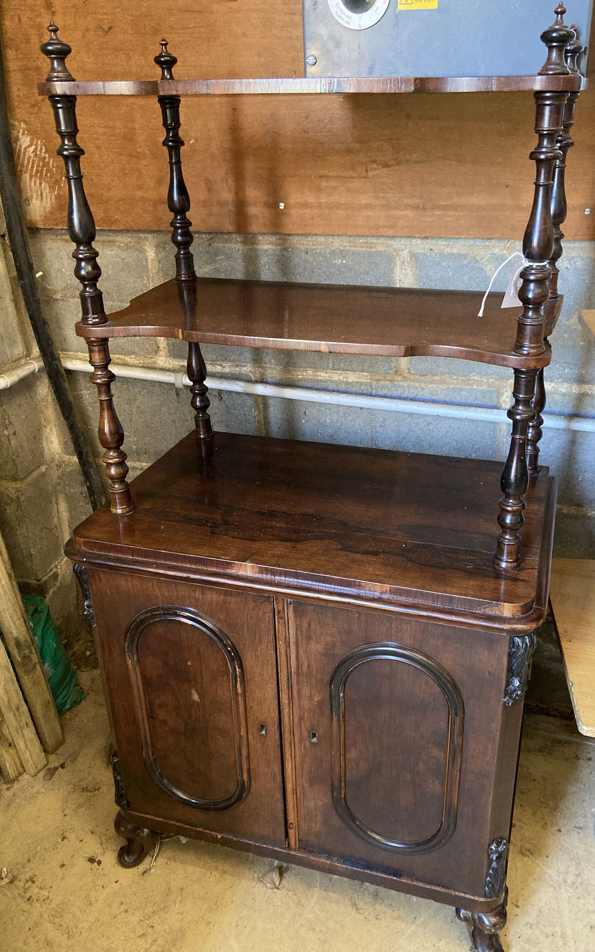 A 19th century French rosewood whatnot, width 63cm, depth 40cm, height 120cm